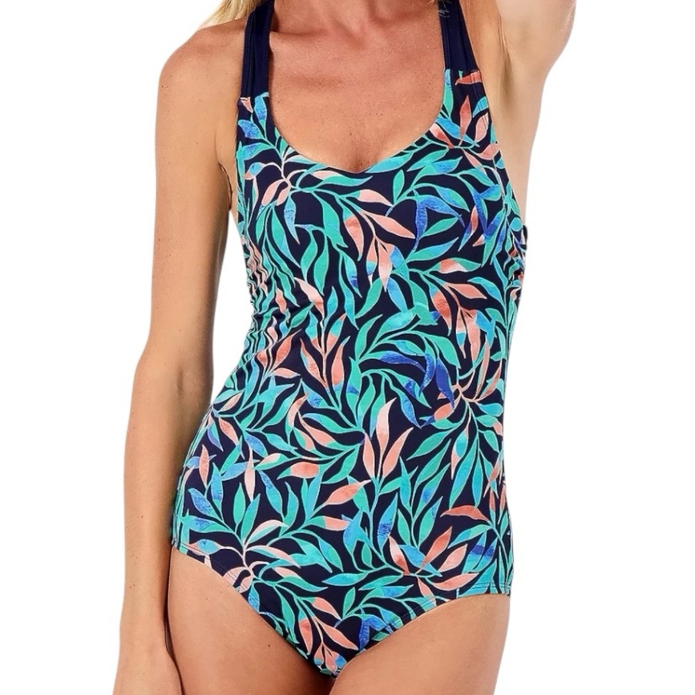 Lands End Swimsuit Women’s 14 Multicolor Racerback Shelf Bra Navy Leaves 1 Piece